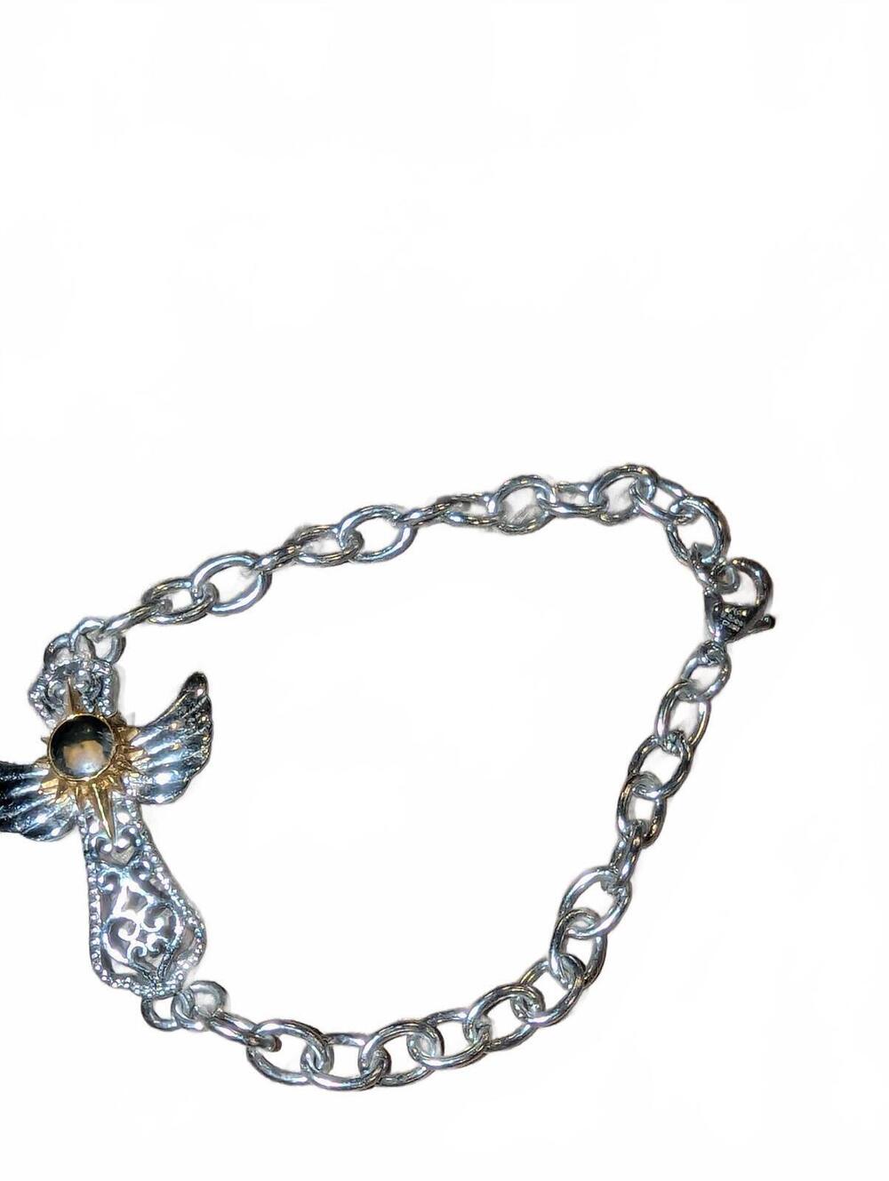 Silver and Gold Tone Angel Cross Bracelet with rock from tomb of the lamb